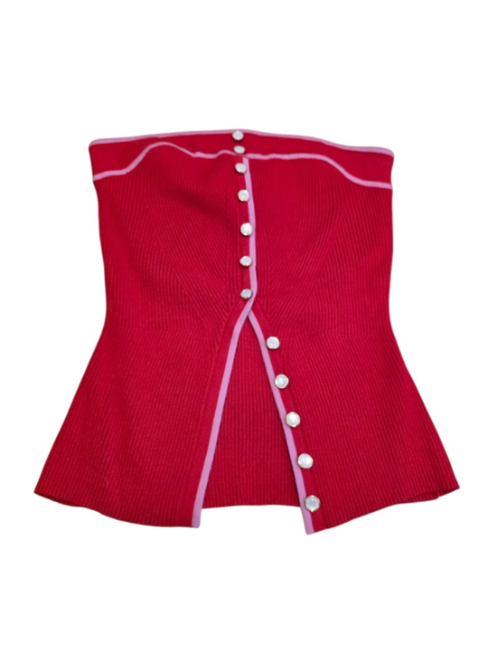 Famous Tops - Rich & Famous Strapless Corset Knit Top Red Pink Button Front L